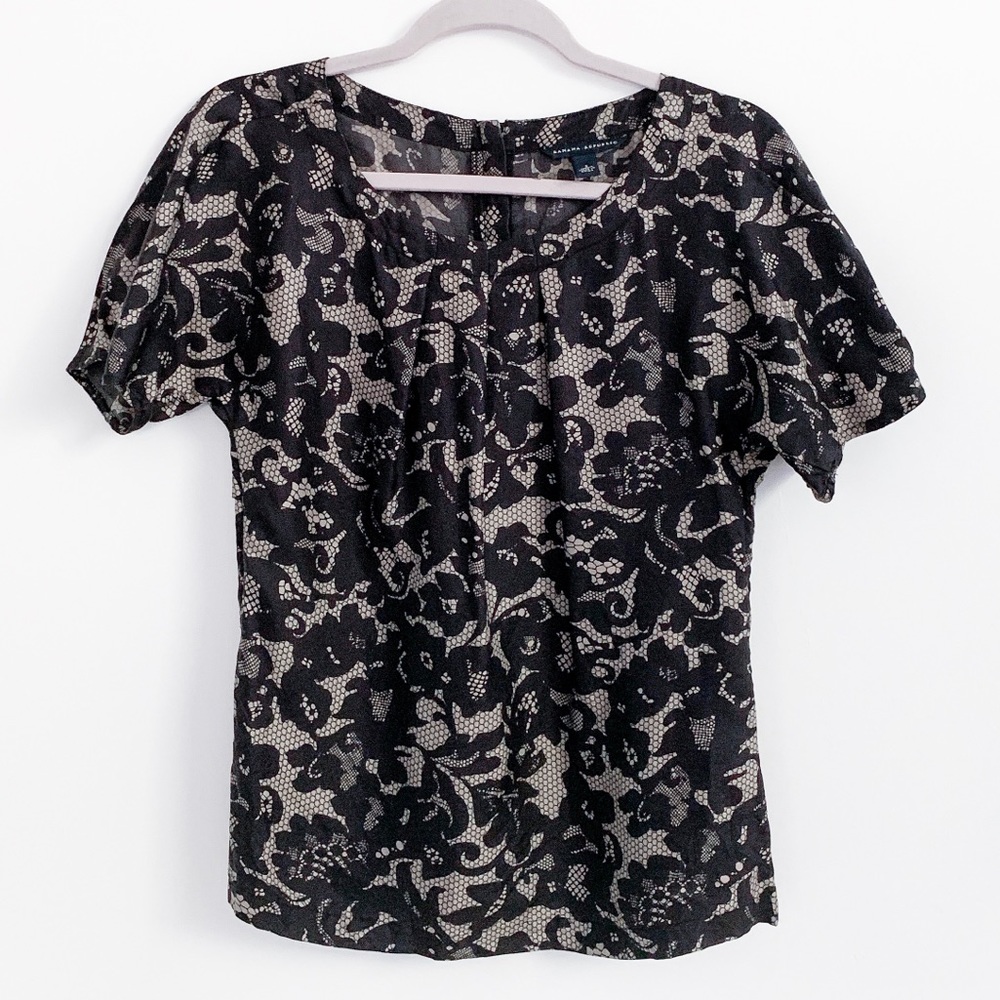 Banana Republic Black Silver Silk Floral Blouse
